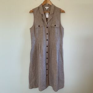 J. Jill Love Linen 100% Linen Pleated Shirtdress Sz L vicuna white Tan NWT